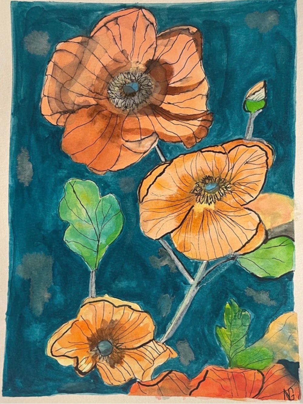 Watercolor Orange Floral Wall Art Home Wall Decor